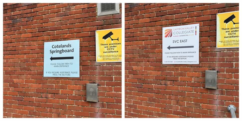 A collage of the exterior signage on a brick wall.